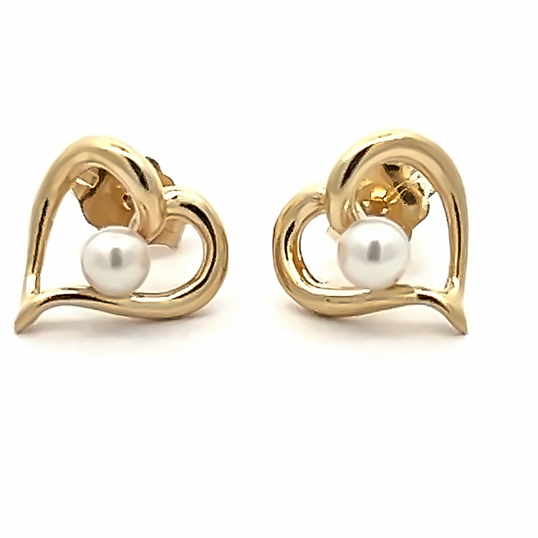 14K Yellow Gold Cultured Pearl Heart Earrings