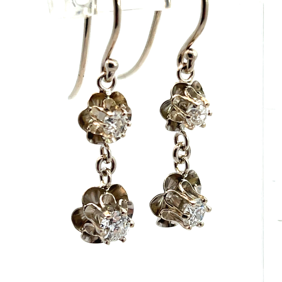 14K White Gold Old European Cut Diamond Dangle Earrings