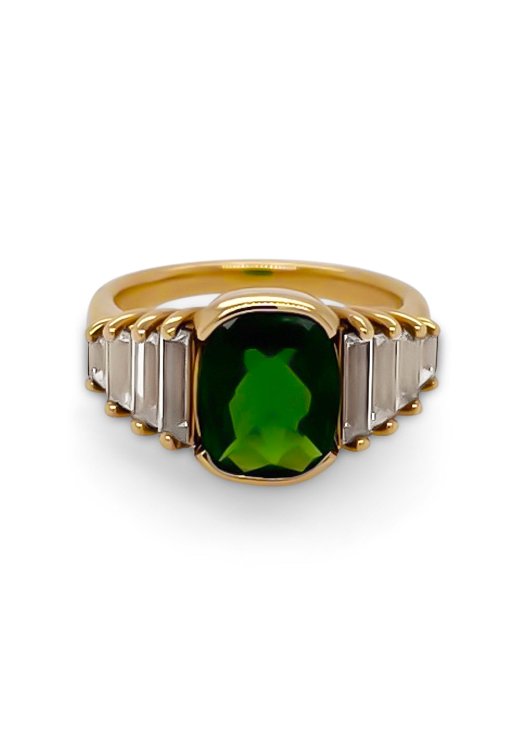 14K Yellow Gold 2.00 Carat Antique Cushion Cut Chrome Diopside And Lab Grown White Sapphire Ring