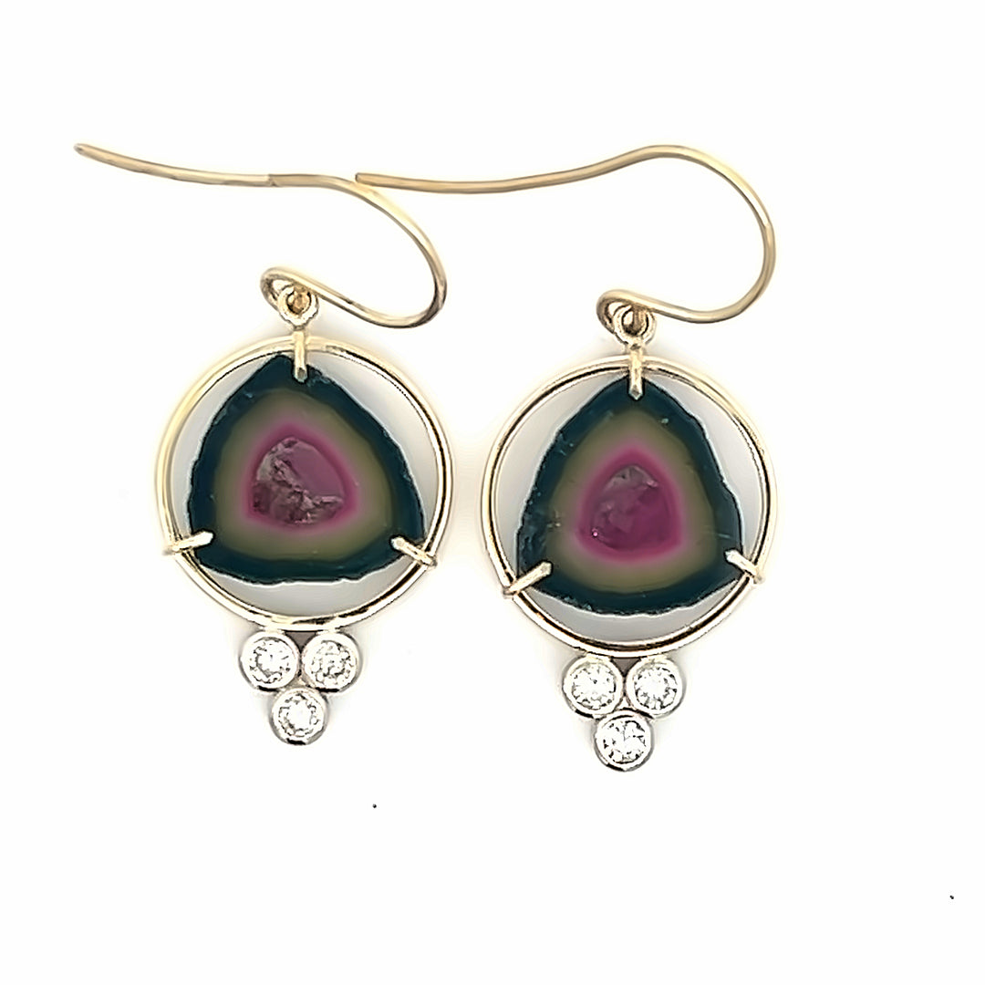 14K Yellow Gold Watermelon Tourmaline And Diamond Dangle Earrings