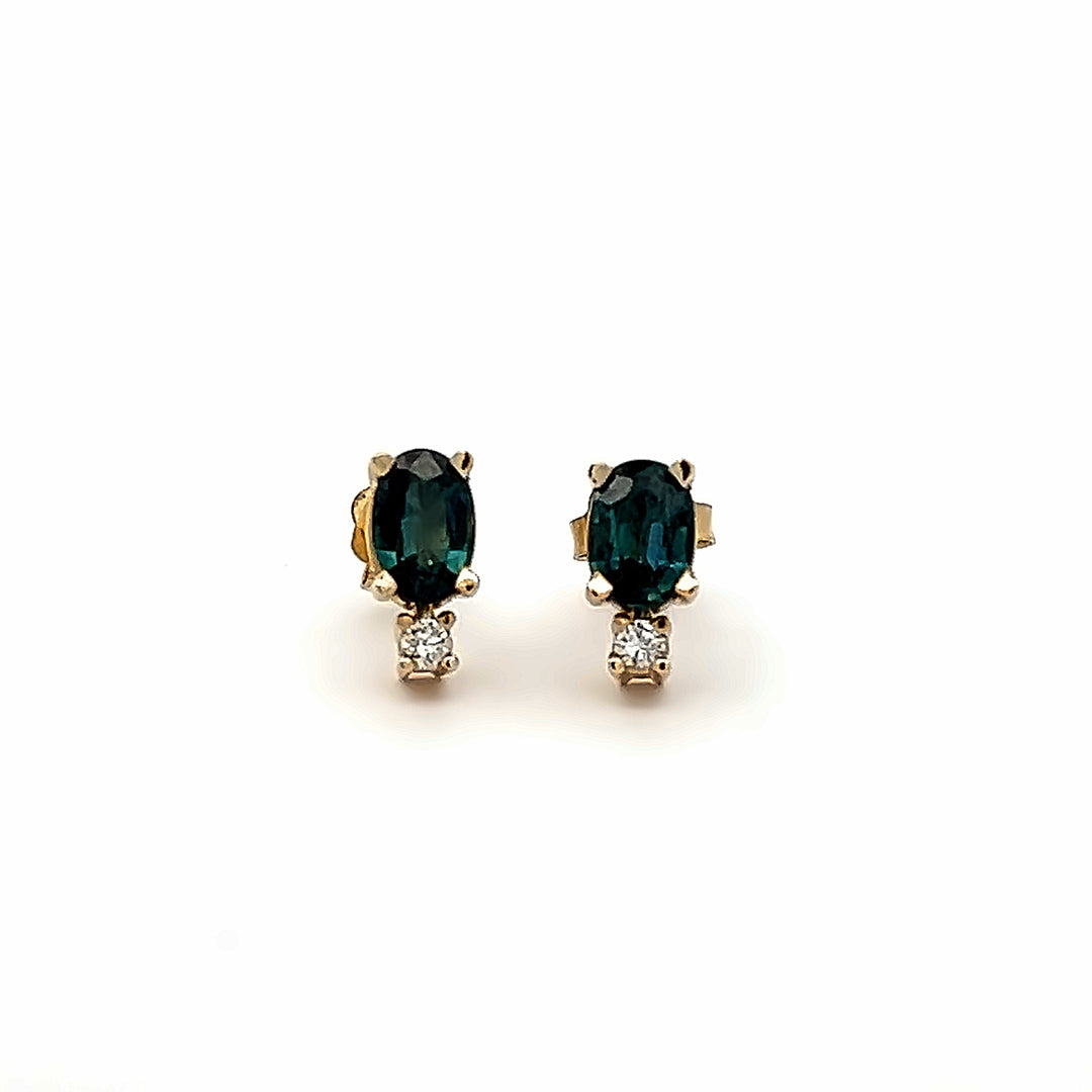 14K Yellow Gold 1.40 Carat Blue Sapphire And Diamond Stud Earrings