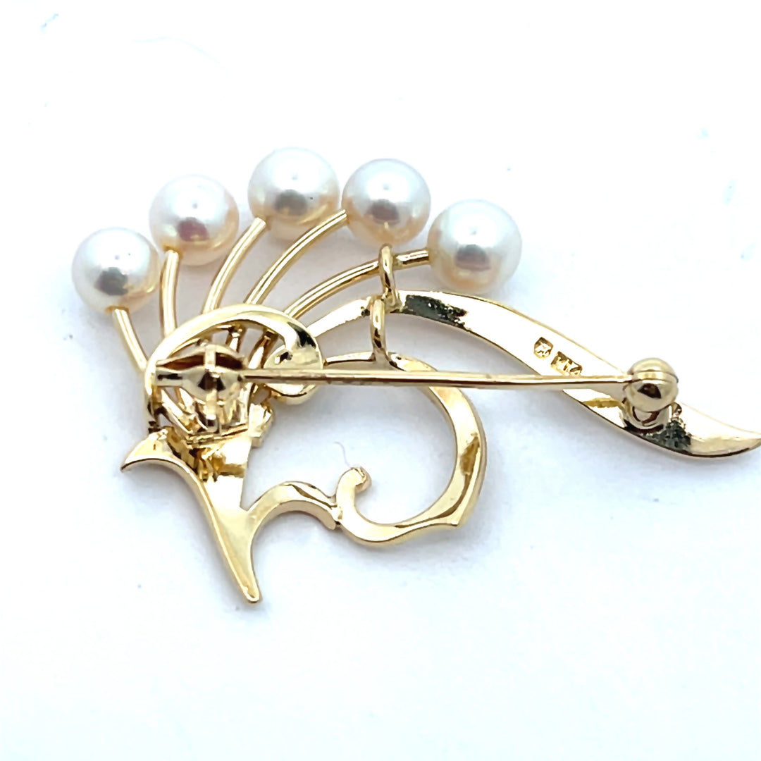 14K Yellow Gold Vintage Mikimoto Pearl Brooch