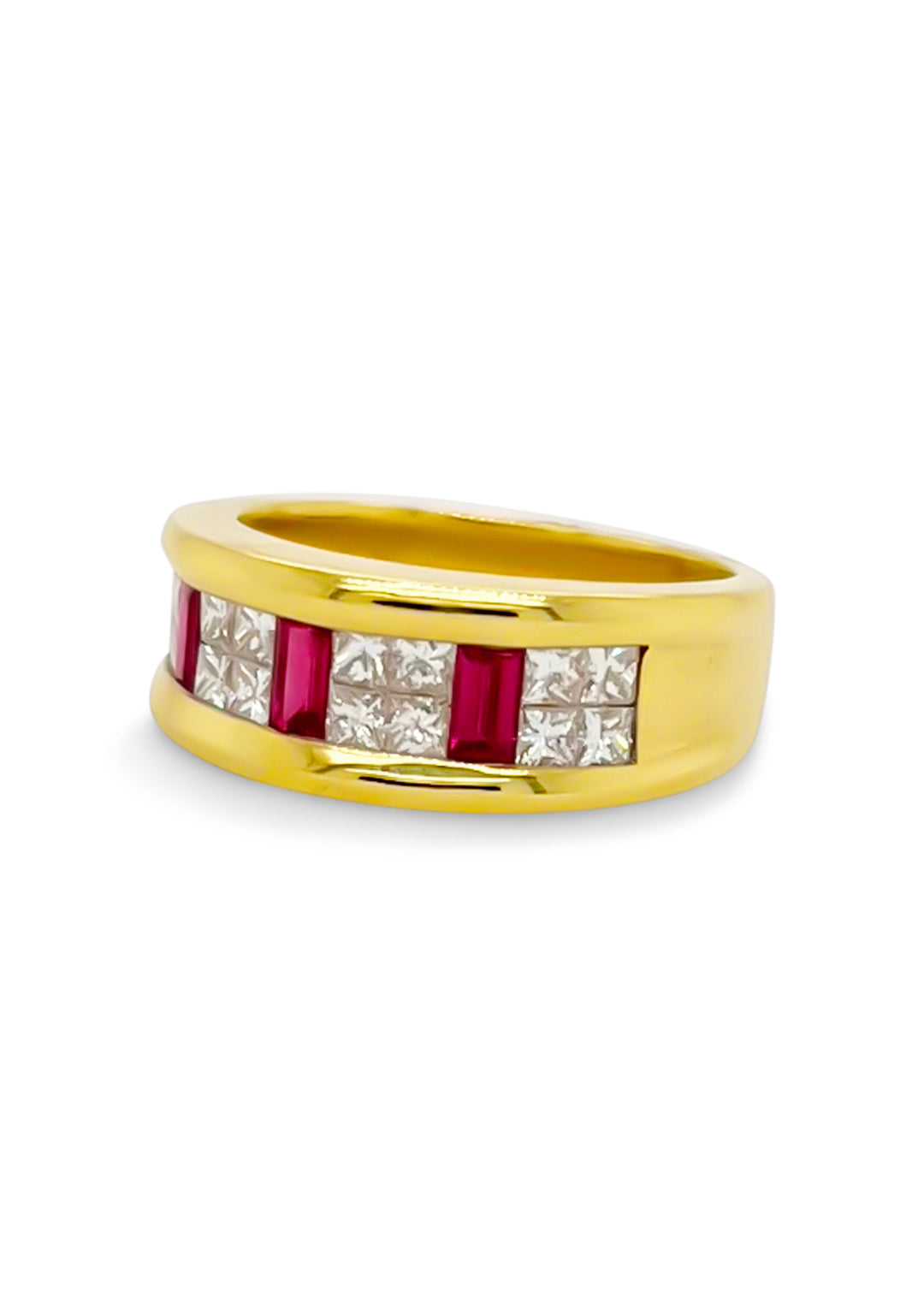 18K Yellow Gold Ruby And Diamond Invisible Set Band