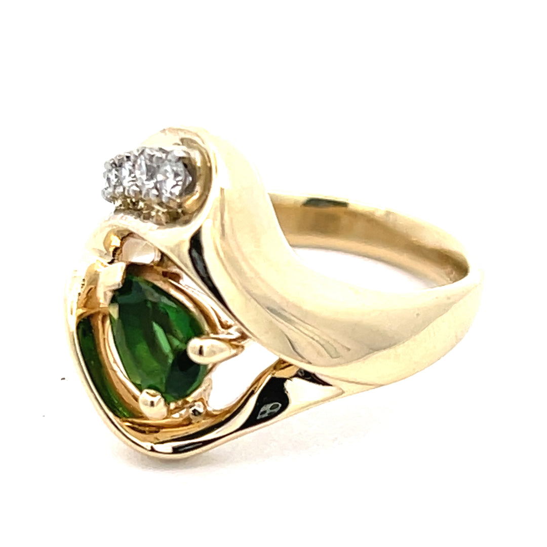 14K Yellow Gold Tsavorite Garnet and Diamond Freeform Ring