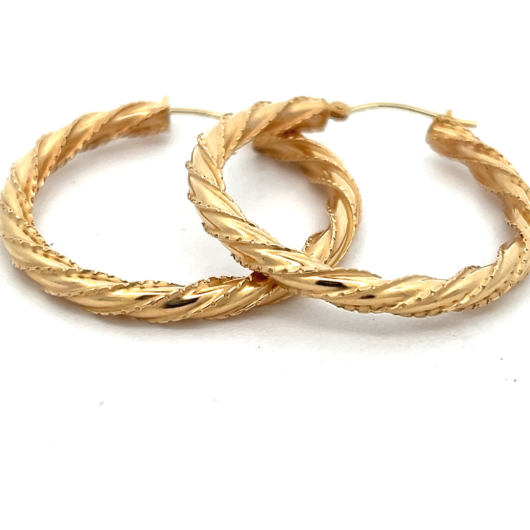 14K Yellow Gold Twisted Textured Hoops