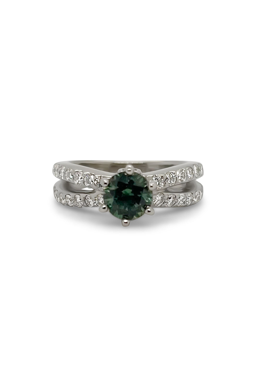 14K White Gold .99 Carat Montana Green Sapphire And Diamond Ring