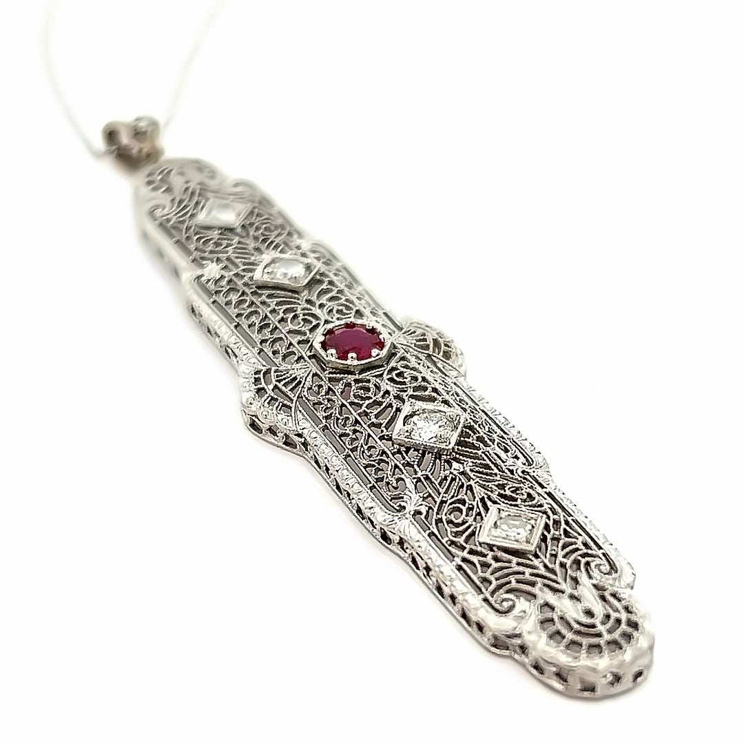 14K White Gold 1920's Synthetic Ruby And Diamond Necklace