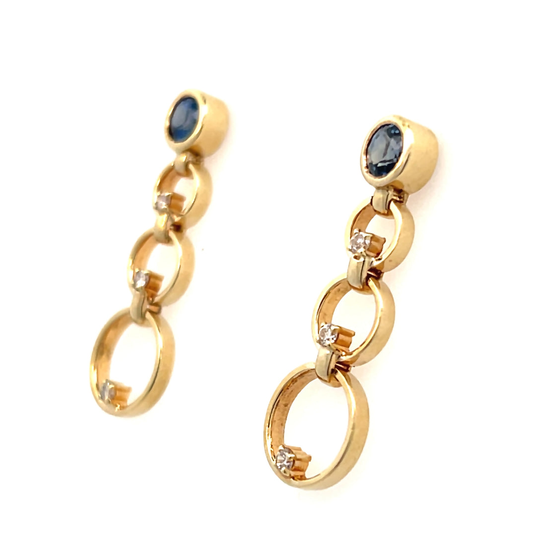 14K Yellow Gold Sapphire and Diamond Circle Dangle Earrings