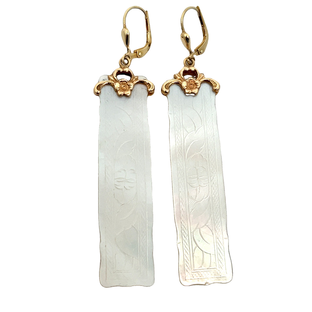 14K Yellow Gold Mother Of Pearl Chinese Gaming Counter Earrings