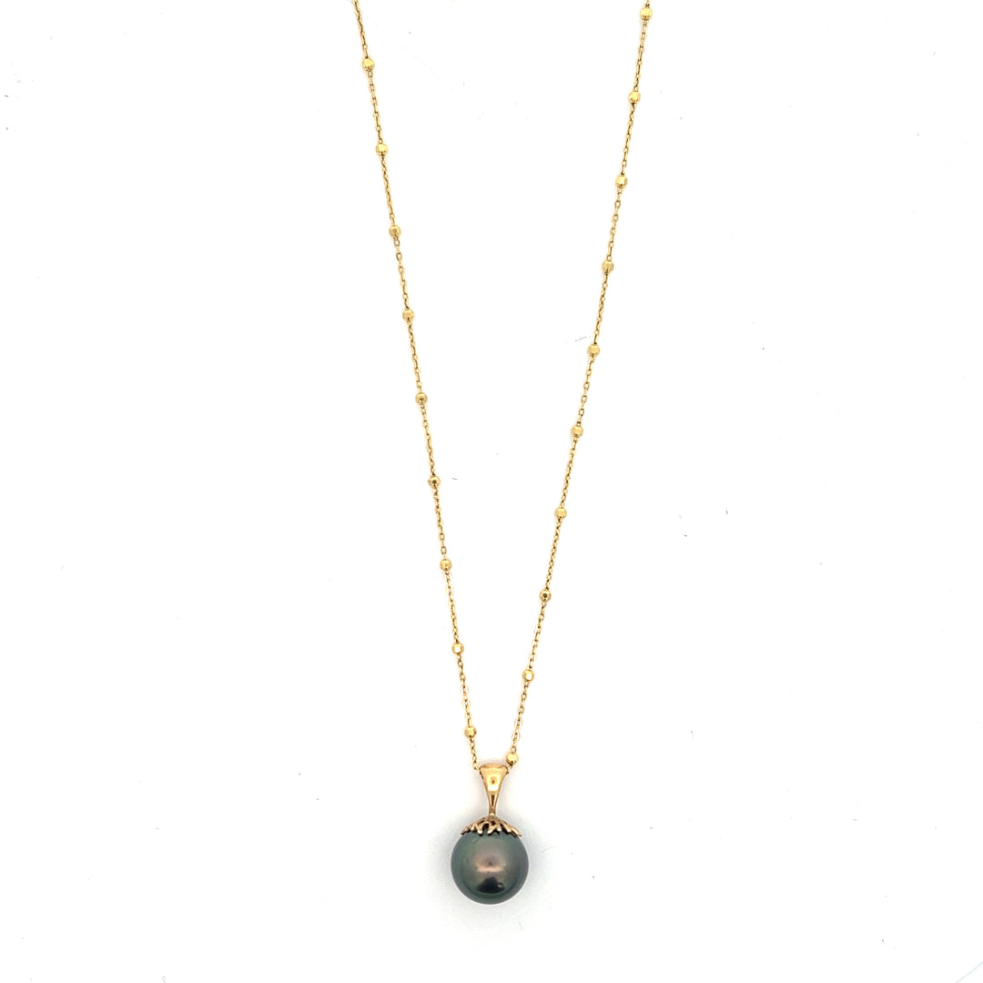 14K Yellow Gold 10.5mm Black Tahitian Pearl Pendant