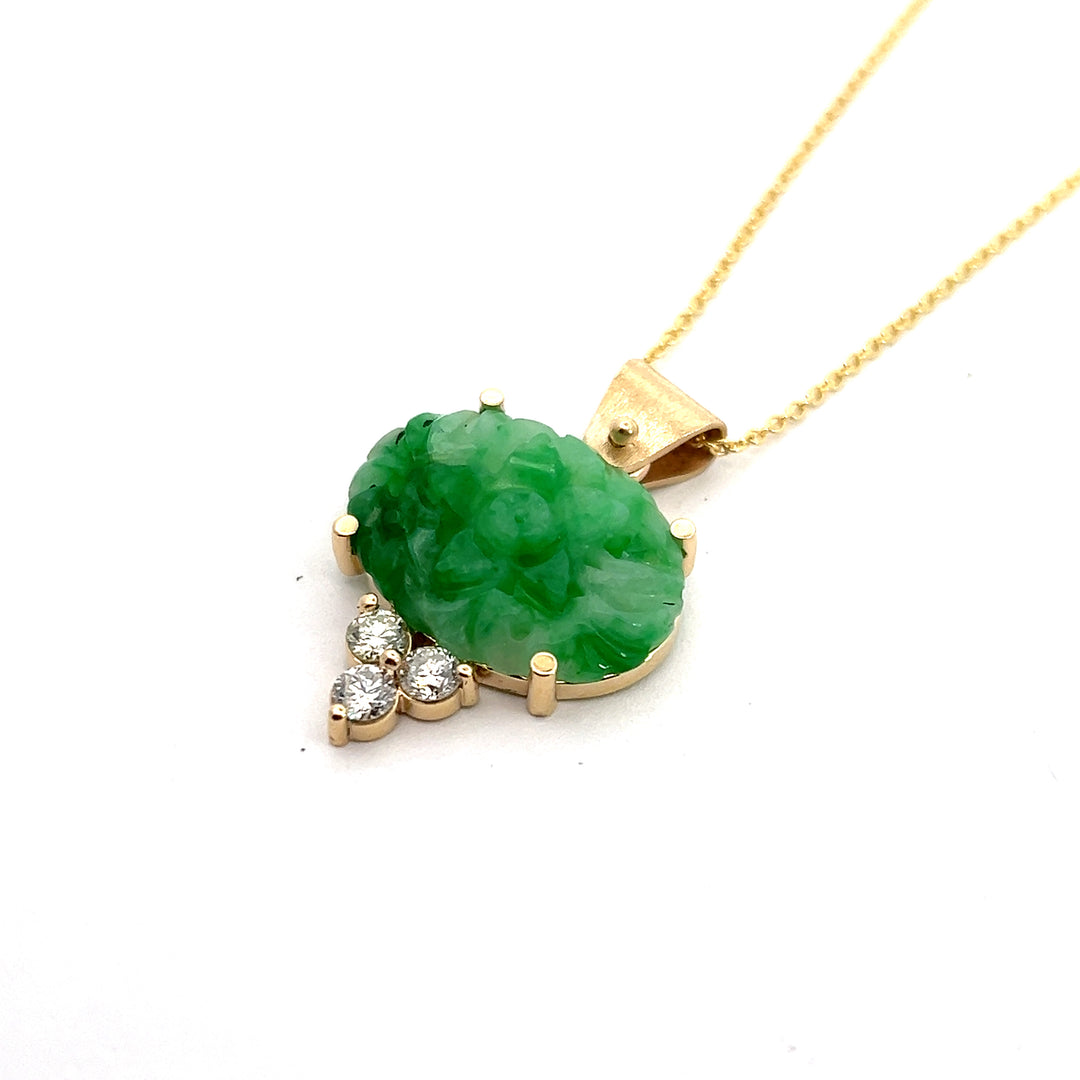 14K Yellow Gold Carved Jade And Diamond Necklace