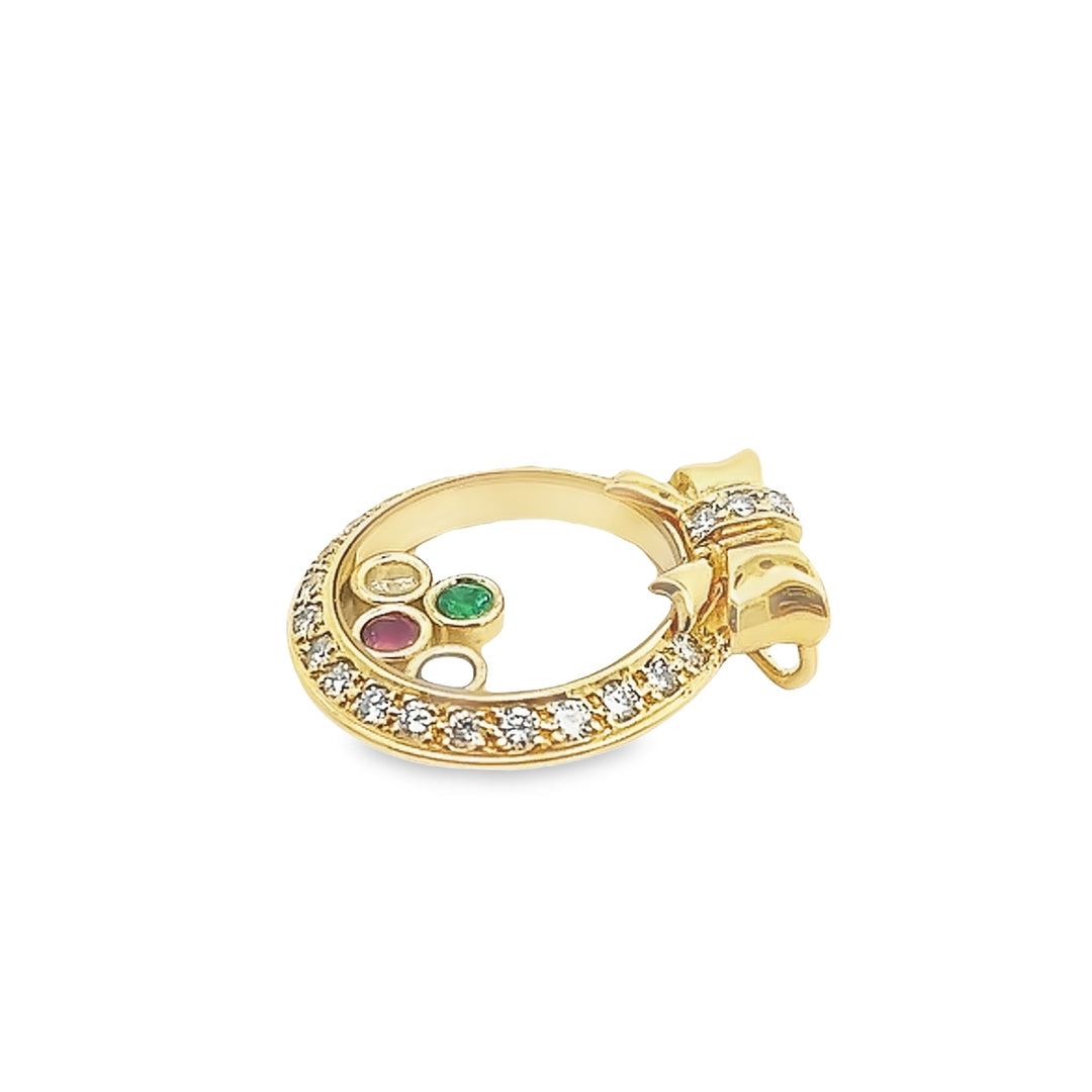 18 Karat Yellow Gold Floating Gemstone Pendant With Diamonds, Ruby, Sapphire, And Emerald Stones.