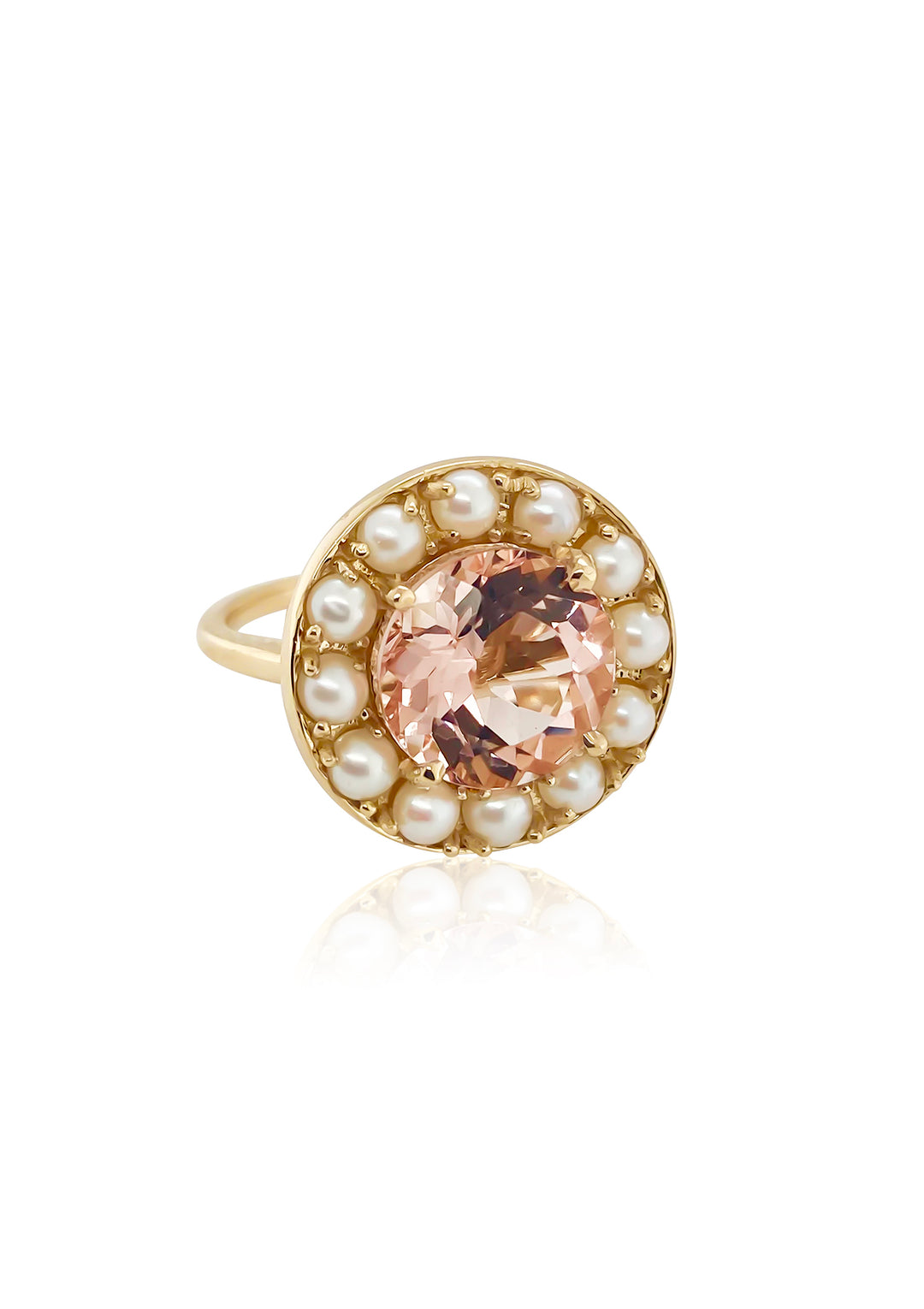 14K Yellow Gold Morganite And Seed Pearl Halo Ring