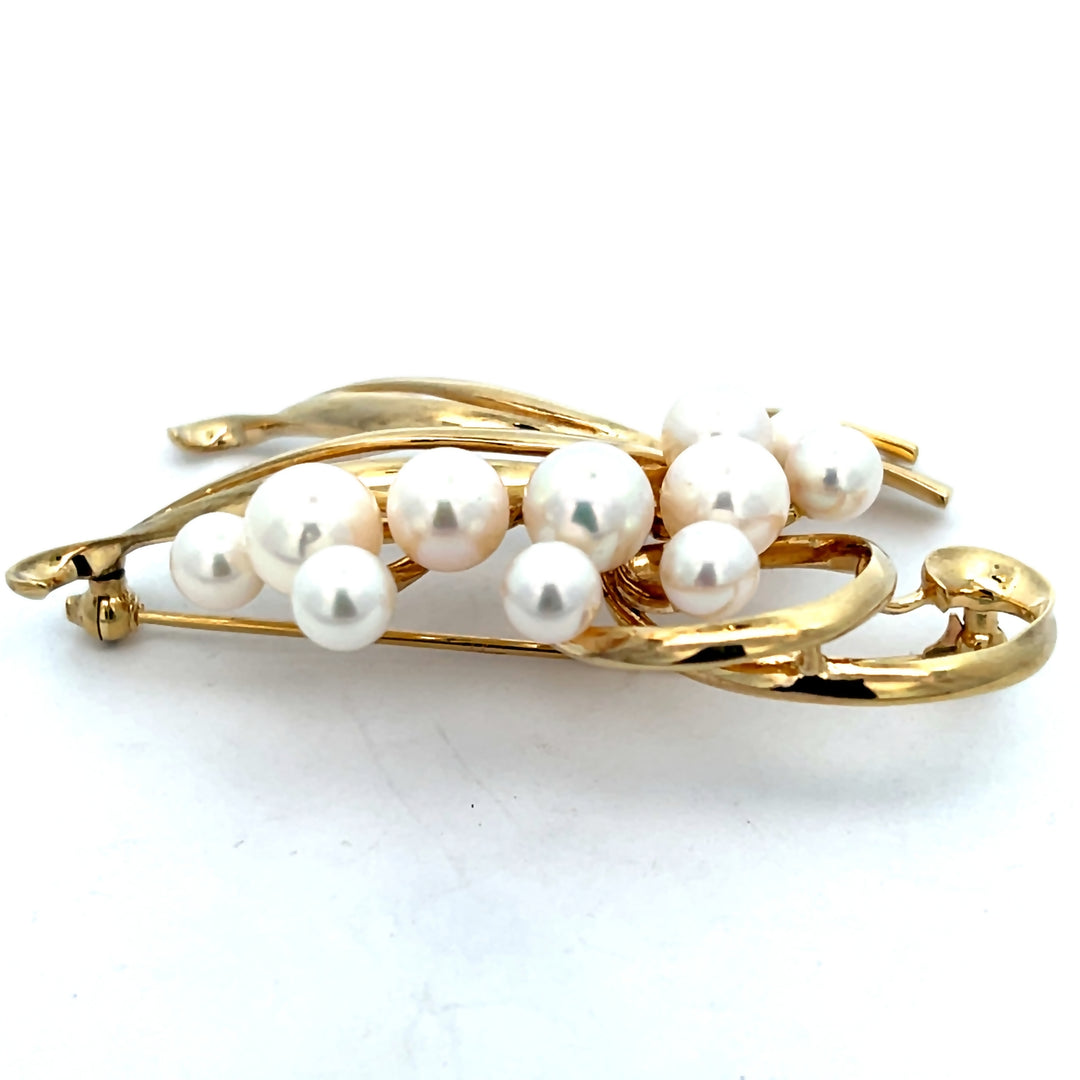 14K Yellow Gold Vintage Mikimoto Pearl Floral Brooch