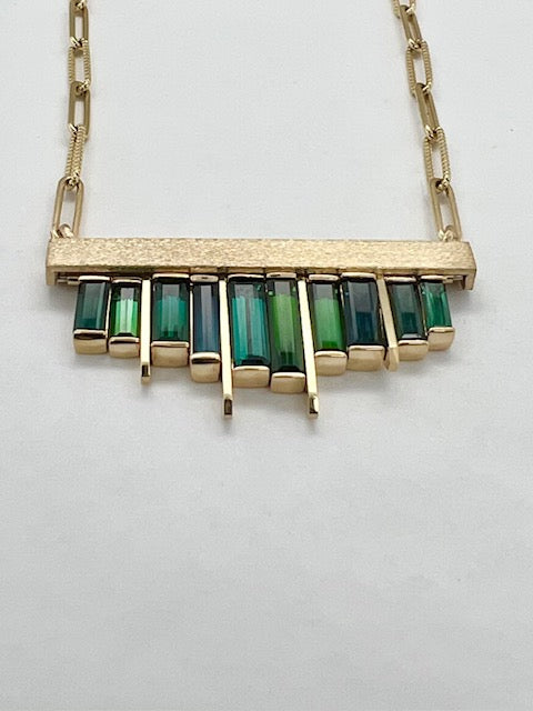14K Yellow Gold Handcrafted Indicolite Tourmaline Bar Necklace