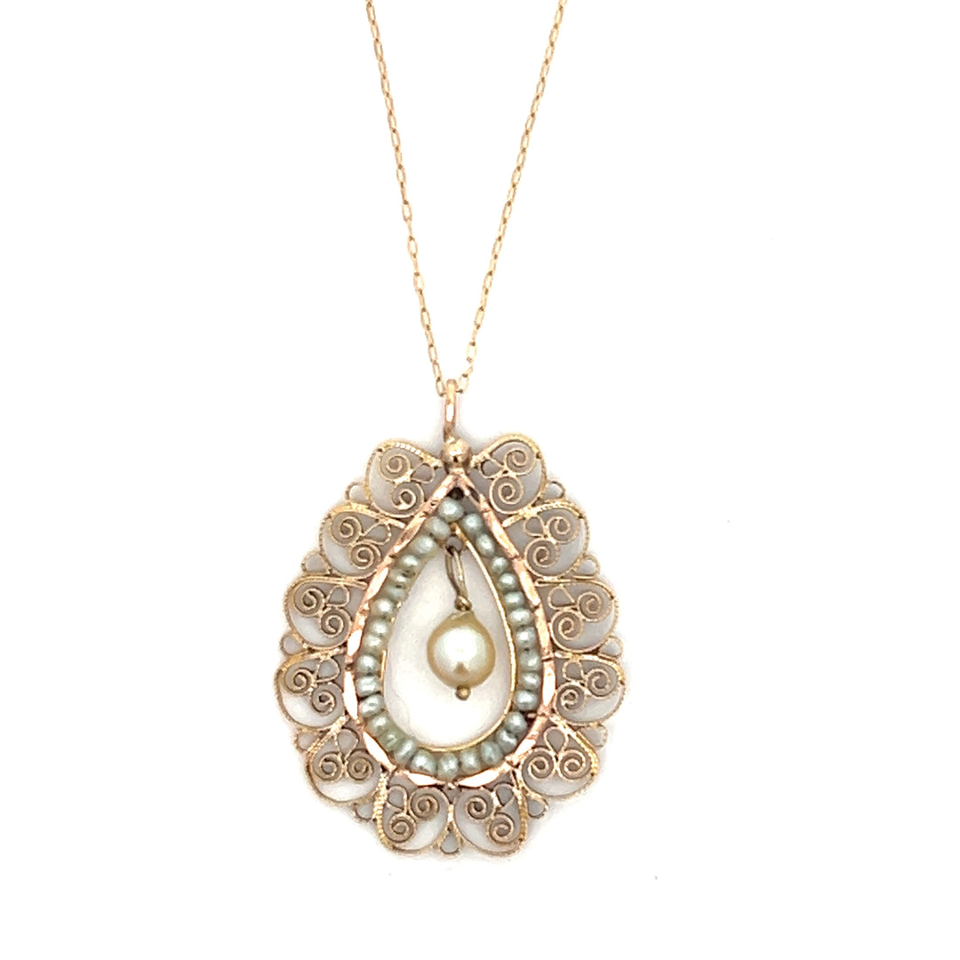 14K Yellow Gold Estate Seed Pearl Filigree Necklace