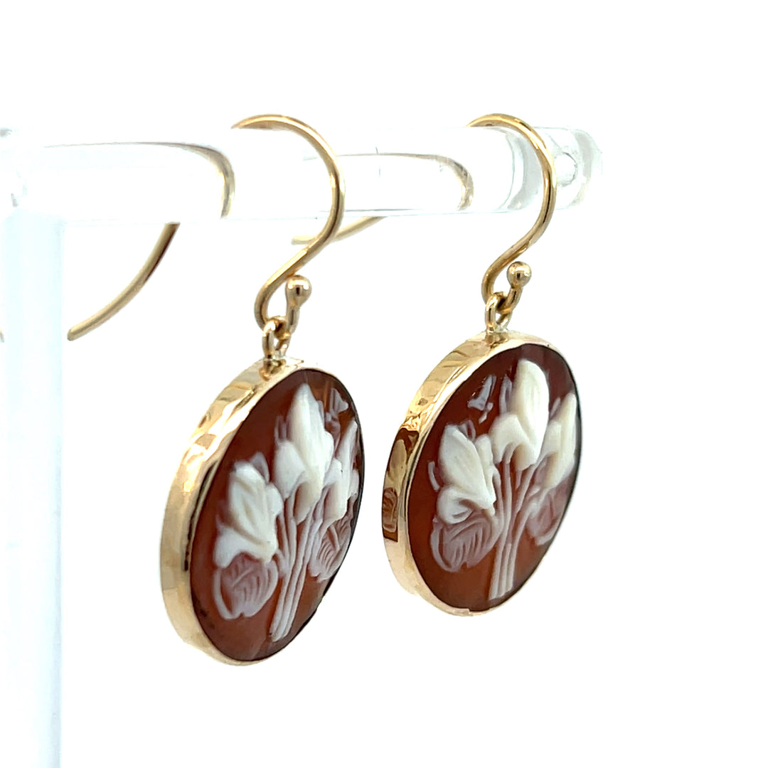 14K Yellow Gold Carved Flower Shell Dangle Earrings