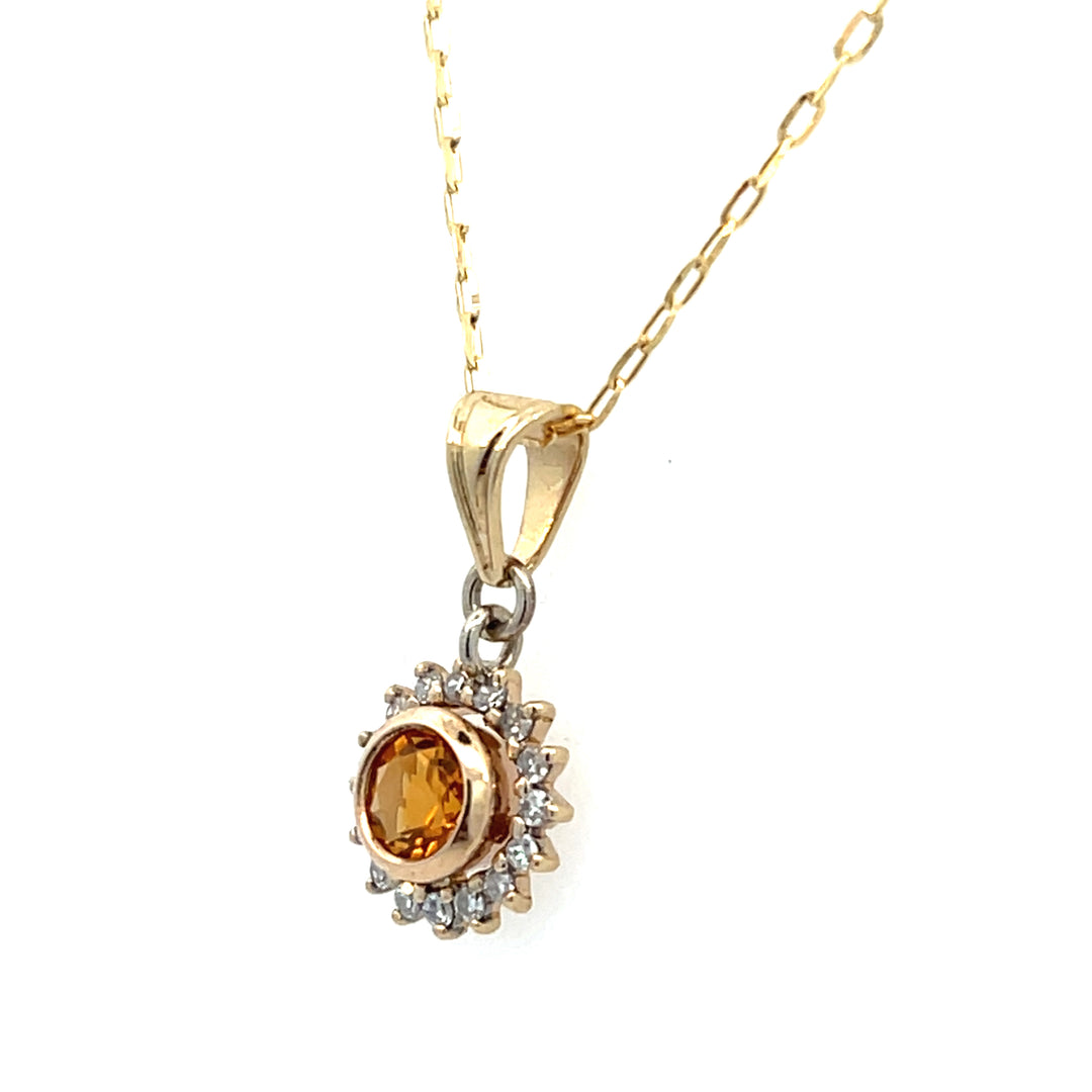 14K Yellow Gold Citrine and Diamond Cluster Necklace