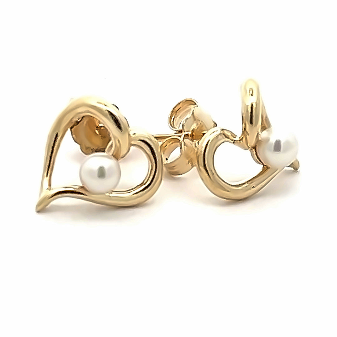 14K Yellow Gold Cultured Pearl Heart Earrings