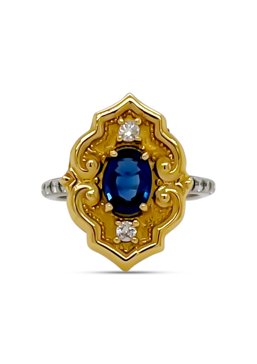14K Yellow And White Gold Sapphire And Diamond Shield Ring
