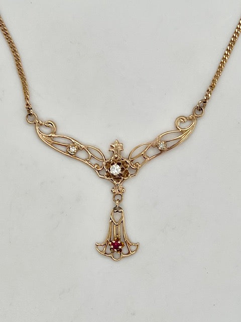 10K Yellow Gold Diamond And Synthetic Ruby Filigree Necklace