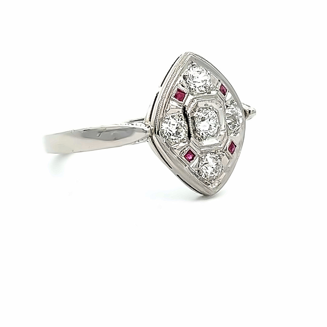 Platinum Engraved Diamond And Ruby Ring