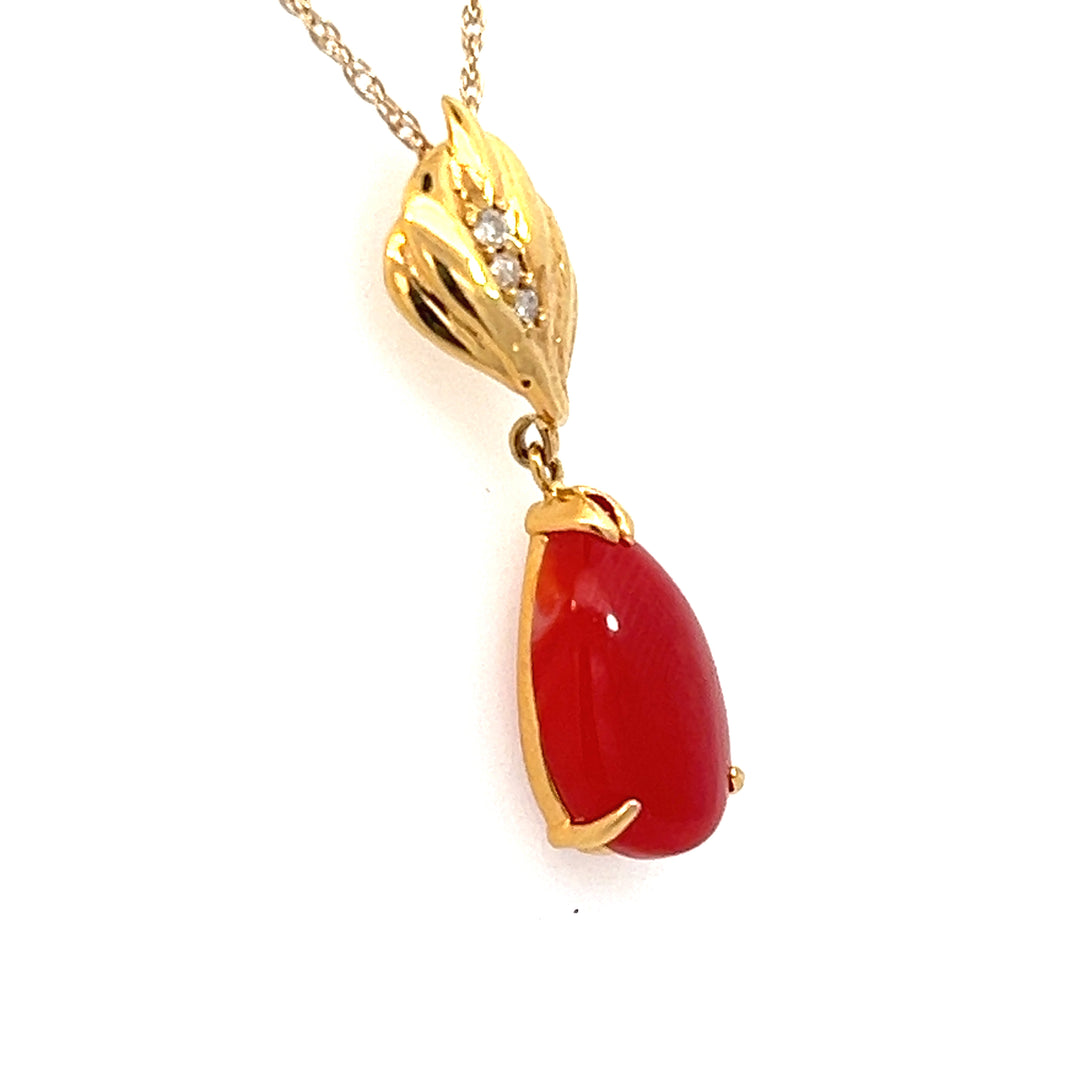 14K Yellow Gold Coral And Diamond Drop Pendant