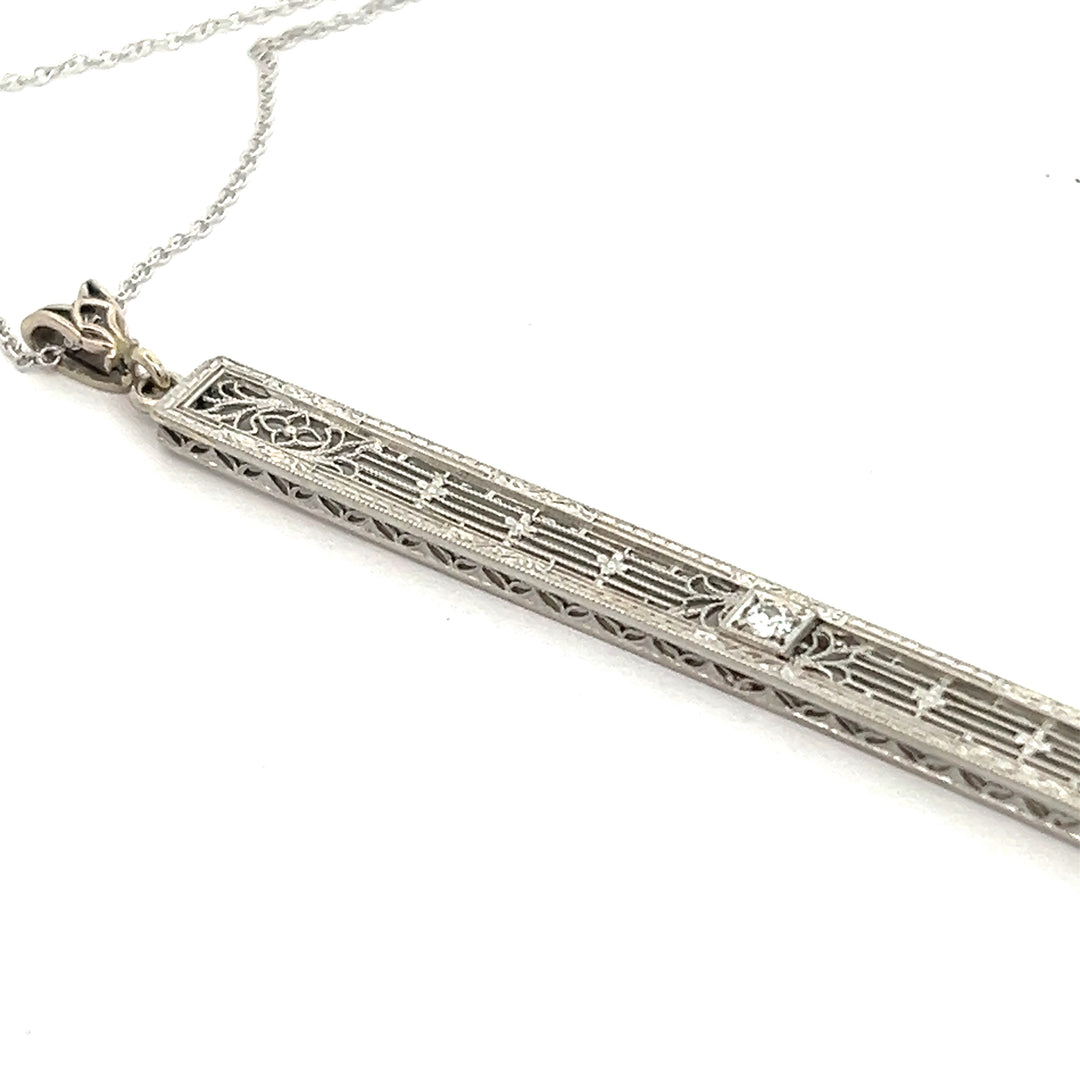 14 Karat White Gold Art Deco 2 1/2" Filigree Diamond Bar Pin Pendant