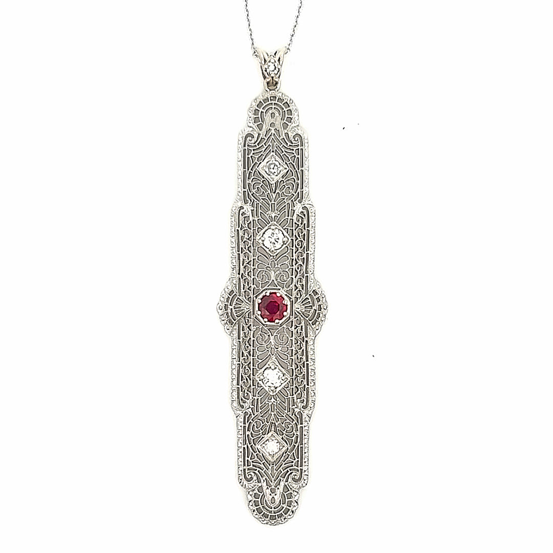 14K White Gold 1920's Synthetic Ruby And Diamond Necklace