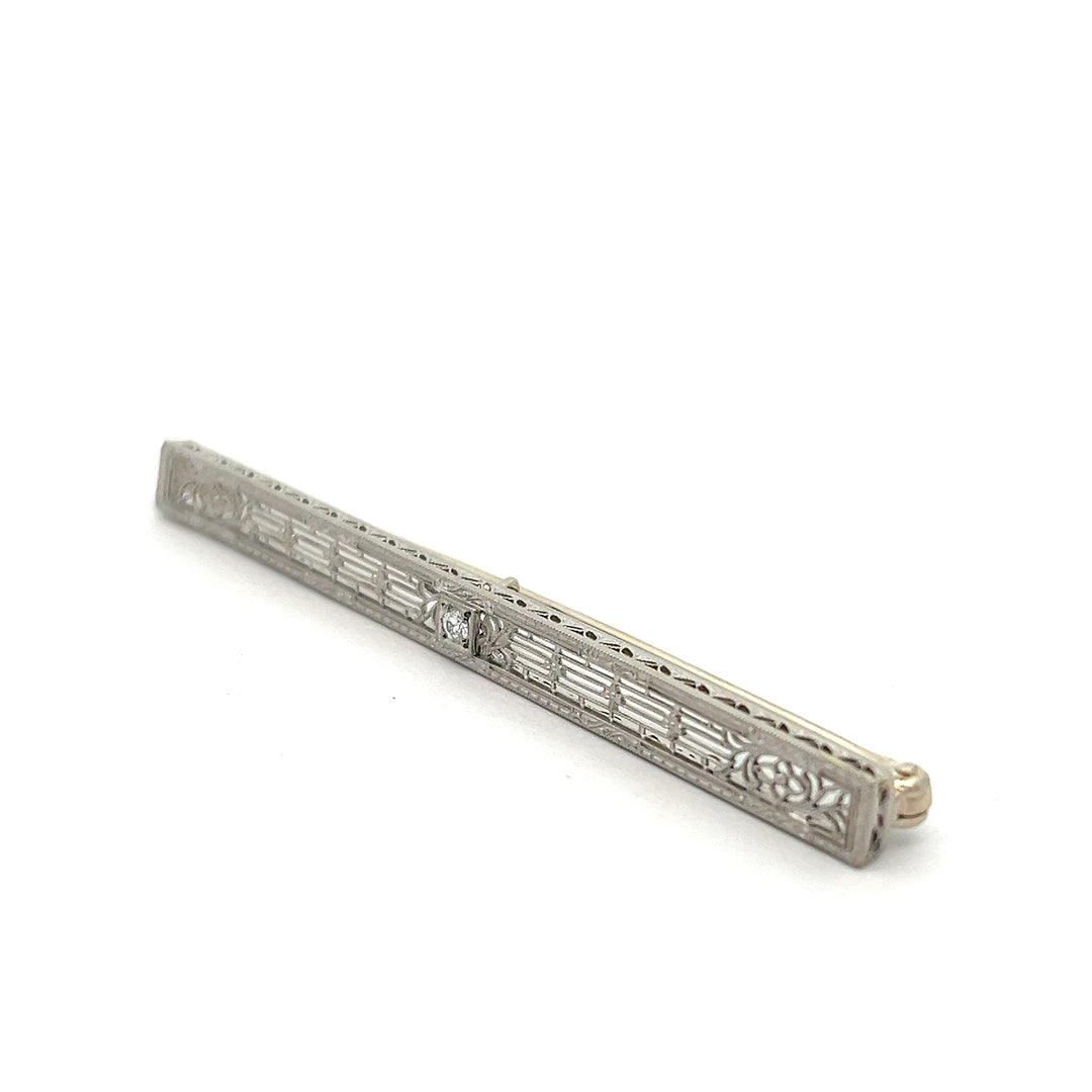 14 Karat White Gold Art Deco 2 1/2" Filigree Diamond Bar Pin
