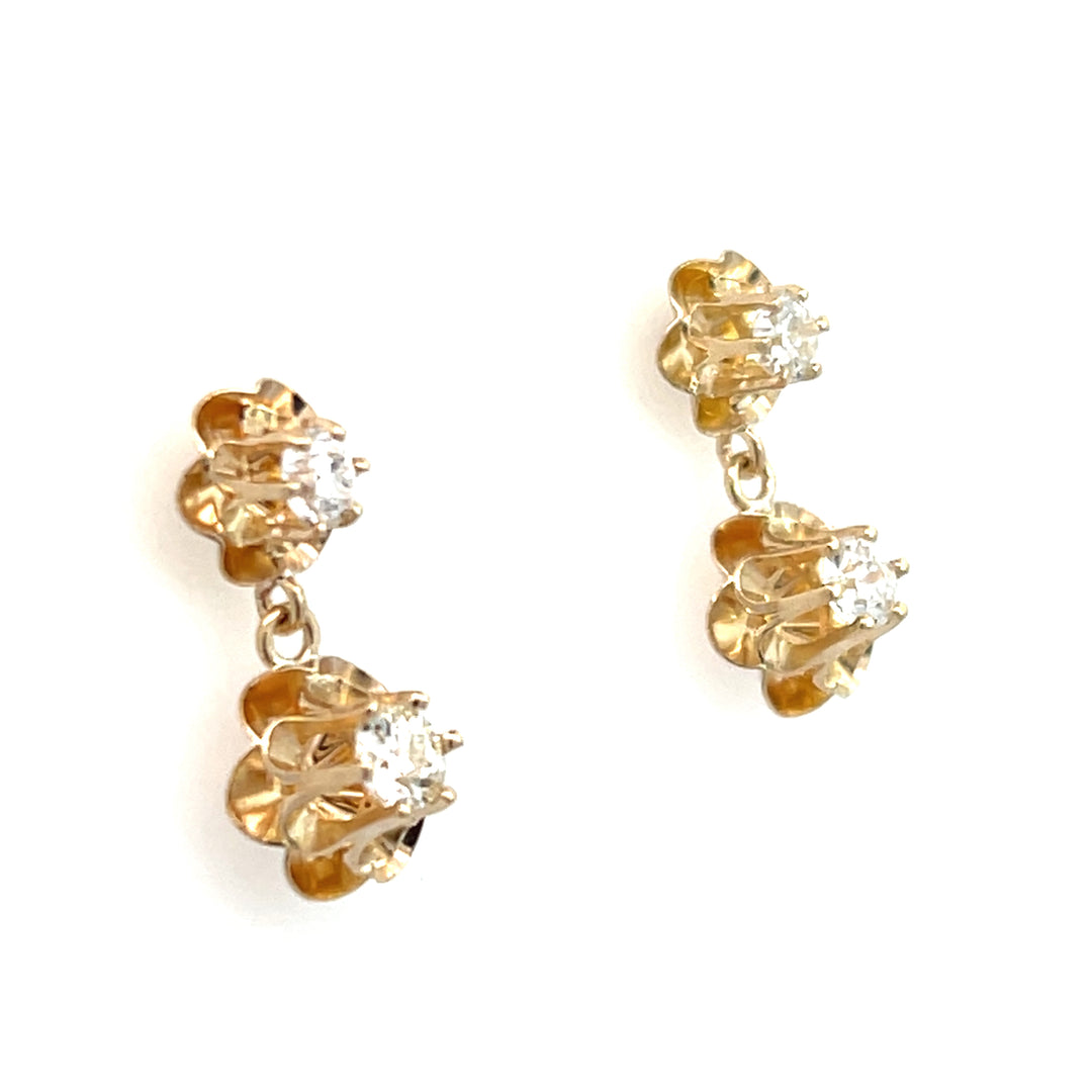 14K Yellow Gold 0.88 Carat Old European Cut Diamond Buttercup Dangle Earrings