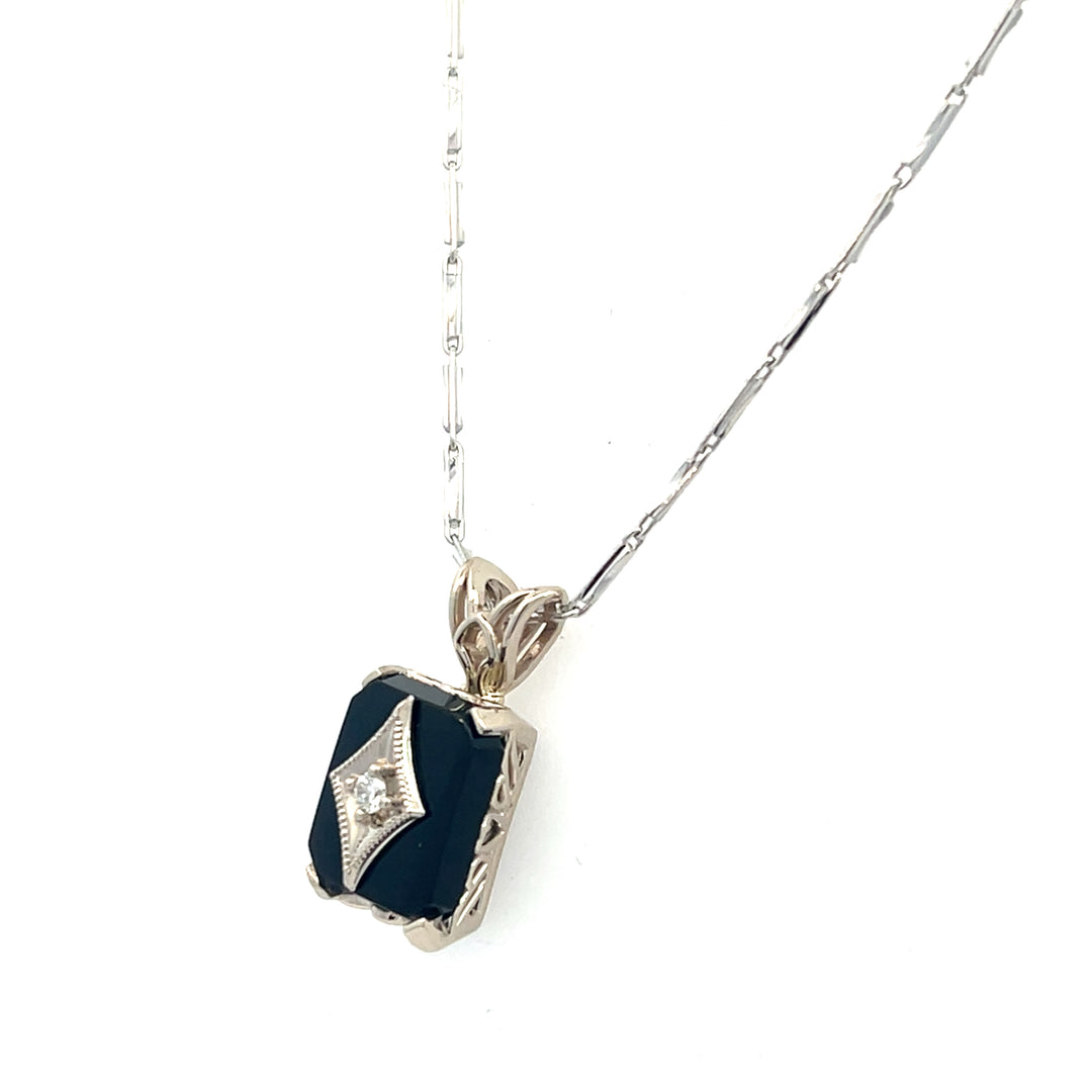 14K White Gold Onyx and Diamond Necklace