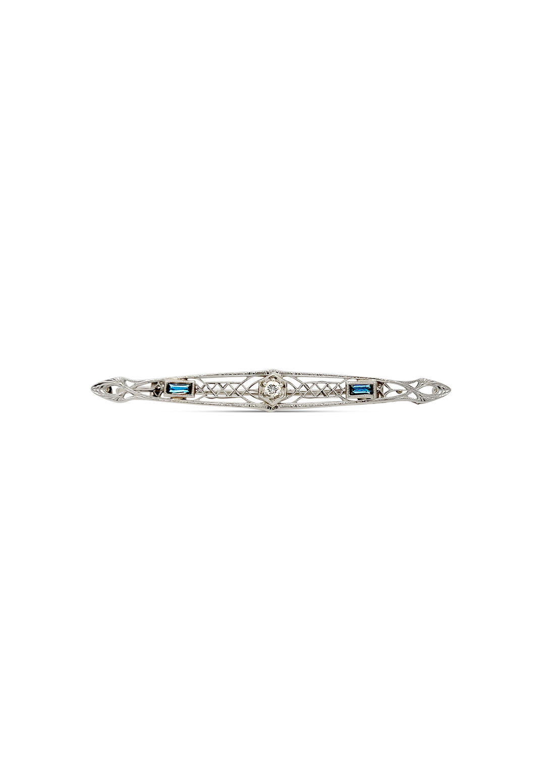 14K White Gold 0.07 Carat Diamond And Sapphire Filigree Bar Pin