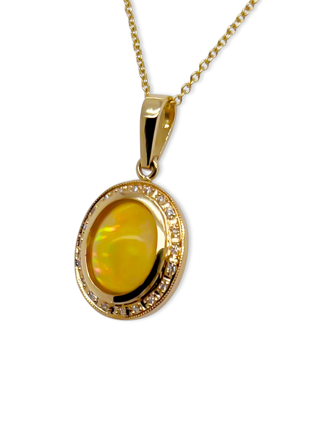 14K Yellow Gold Ethiopian Opal And Diamond Halo Necklace