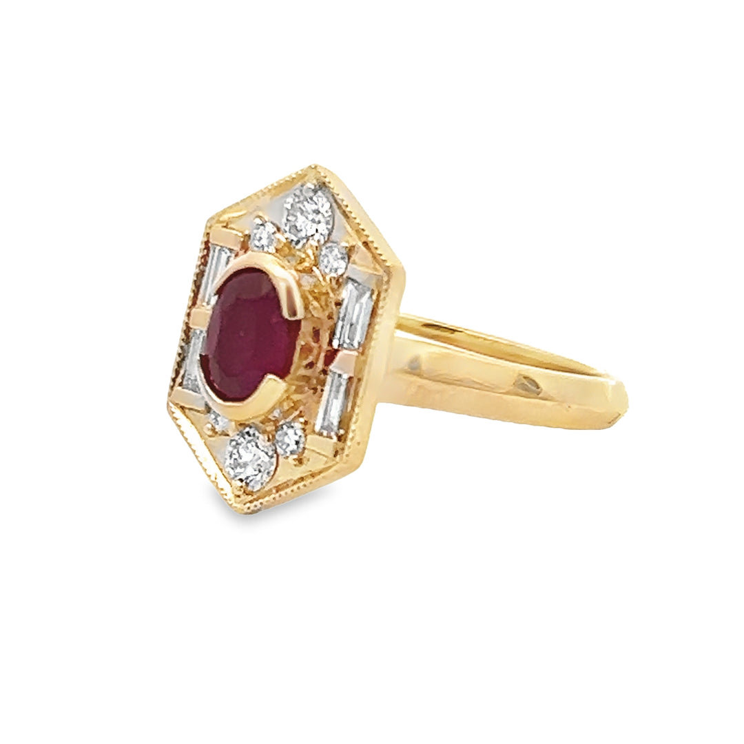 14K Yellow Gold 1.18 Carat AA Greenland Ruby And Diamond Shield Ring