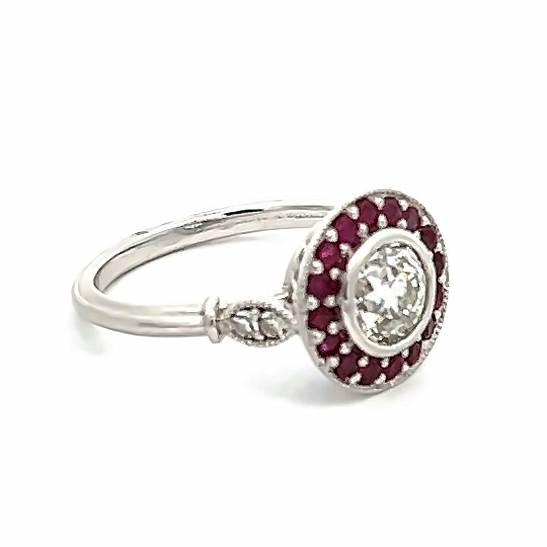 Platinum Art Deco 0.78 Carat Diamond And Ruby Halo Ring