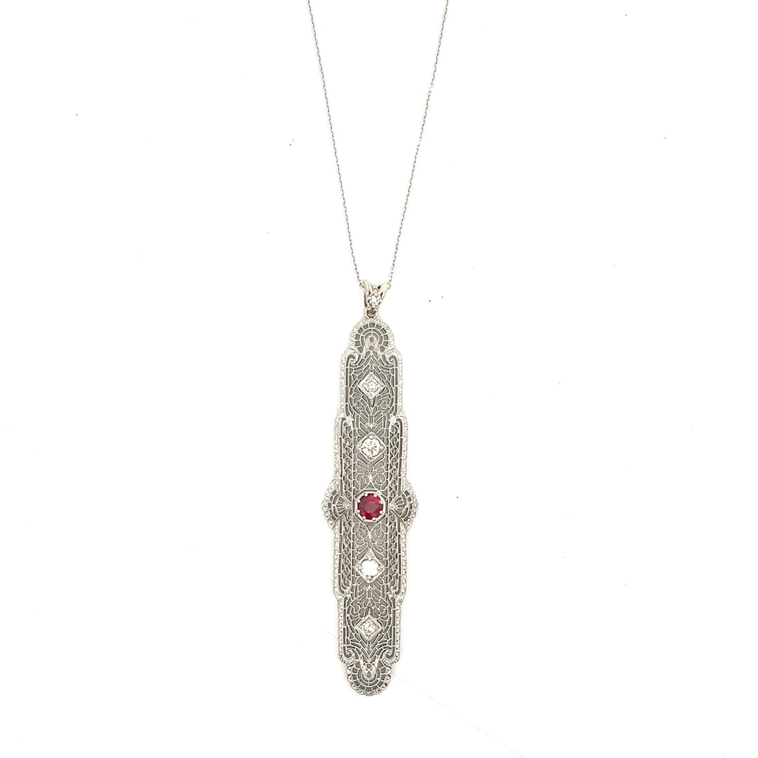 14K White Gold 1920's Synthetic Ruby And Diamond Necklace