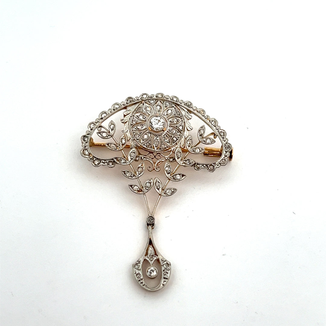 Platinum and 18K Yelow Gold Estate Art Nouveau Diamond Brooch or Pendant