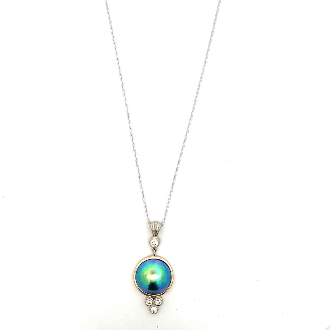 14K White/Yellow Gold 14mm Blue Pearl And Diamond Necklace