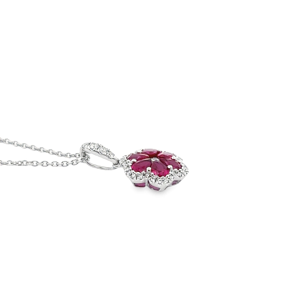 18K White Gold 1.14 Carat Ruby And Diamond Flower Pendant With 14K White Gold Chain