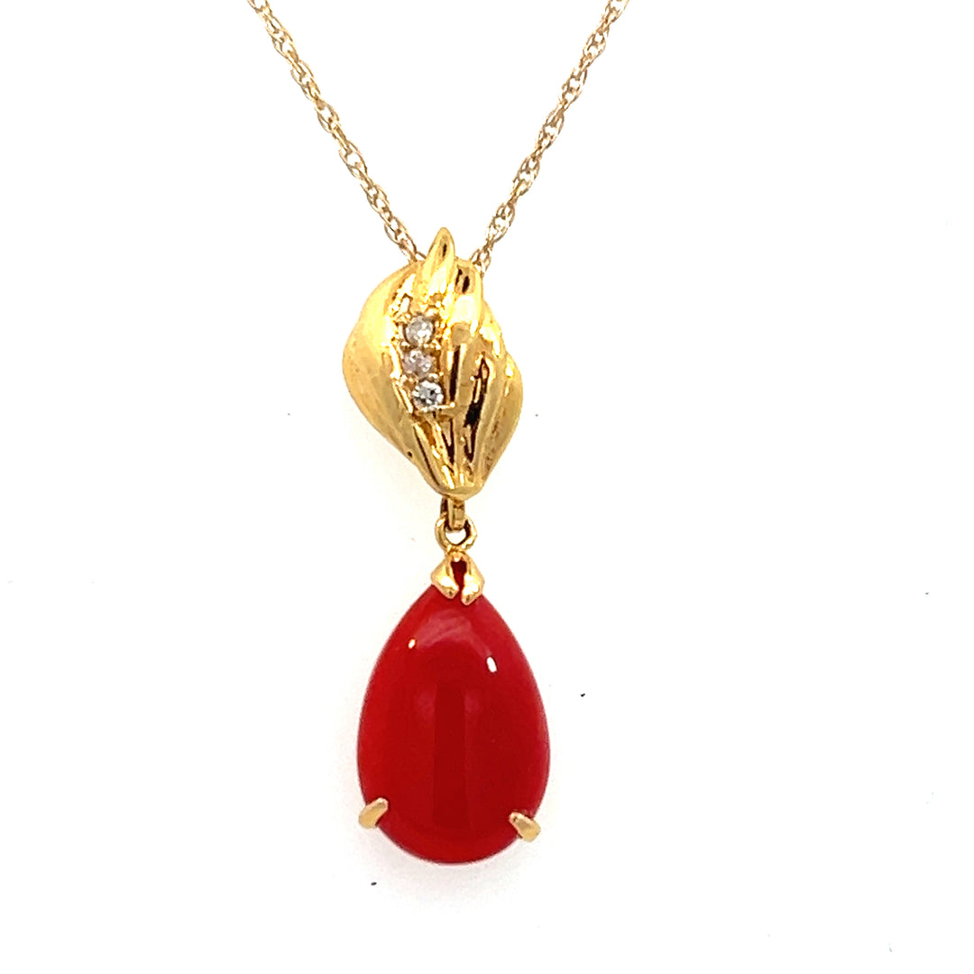 14K Yellow Gold Coral And Diamond Drop Pendant