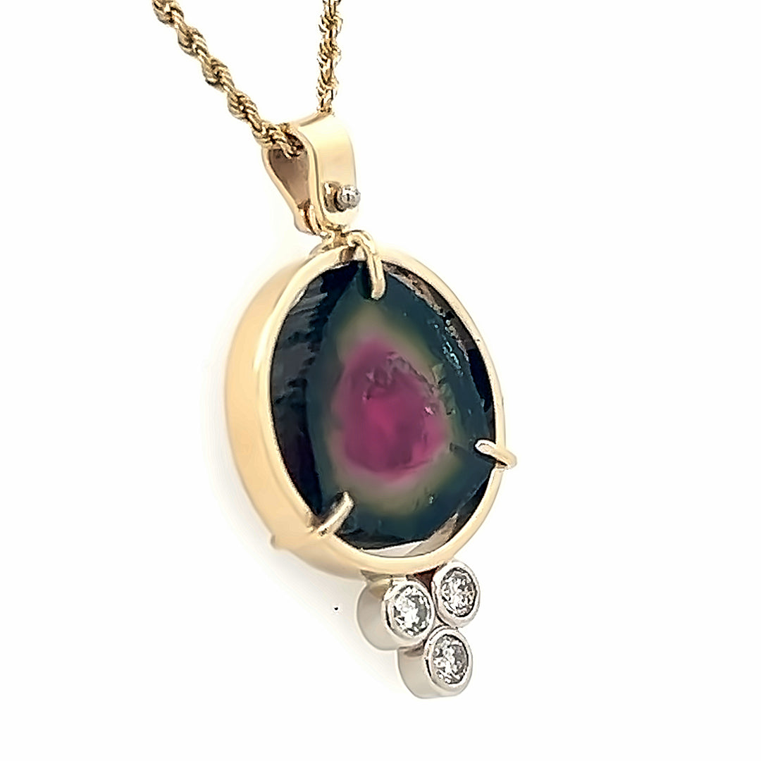 14K Yellow Gold Watermelon Tourmaline And Diamond Pendant