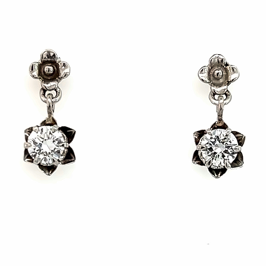 18K White Gold Estate 1.06 Carat Diamond Buttercup Dangle Earrings