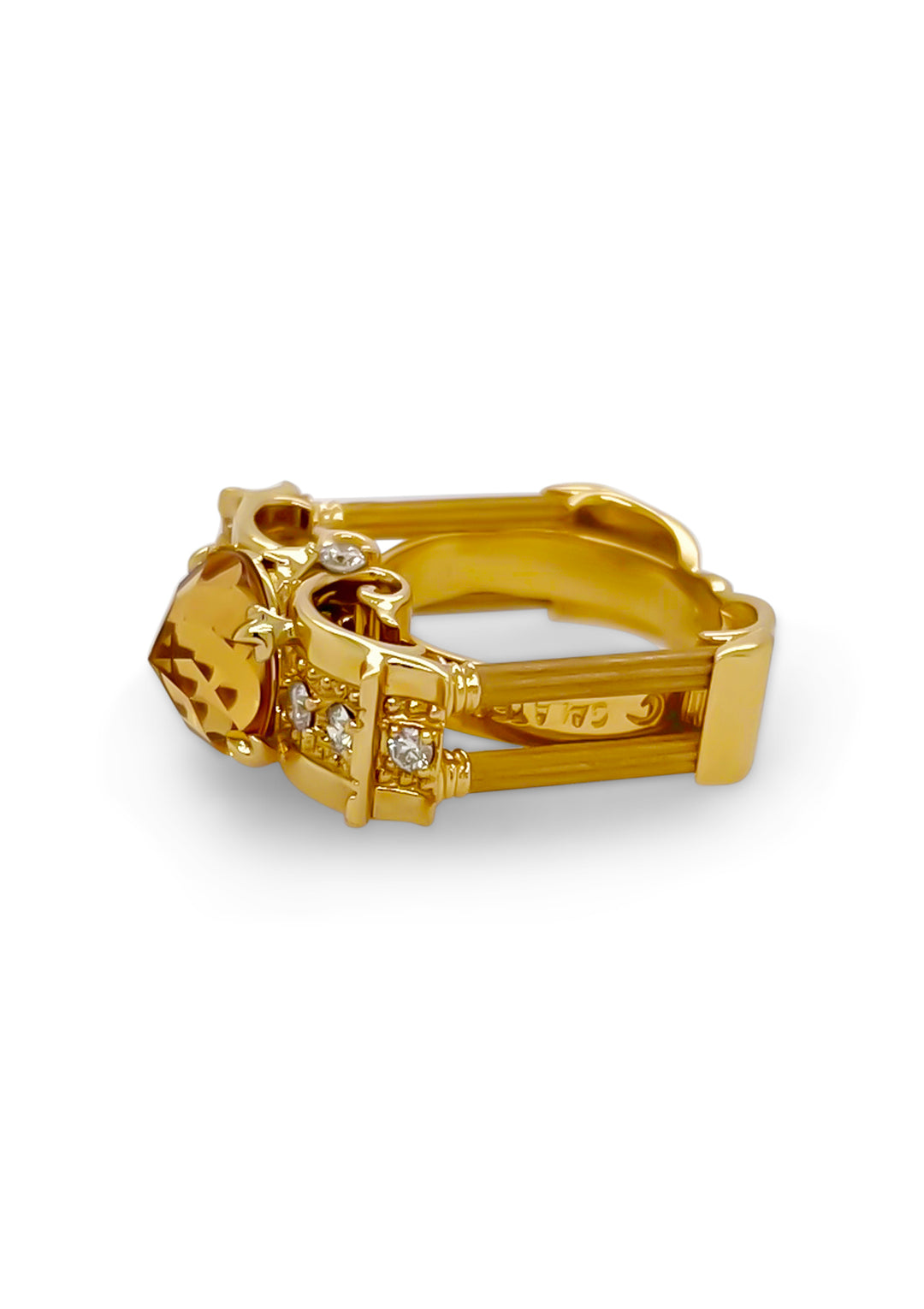 14K Yellow Gold Davinchi Cut White Topaz, Emerald, Ruby, And Diamond Ring By Galatea.