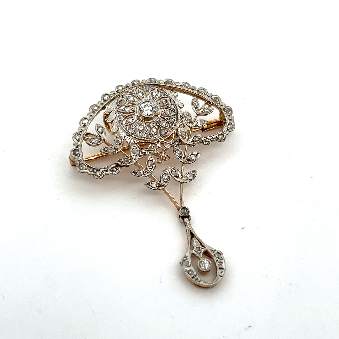 Platinum and 18K Yelow Gold Estate Art Nouveau Diamond Brooch or Pendant