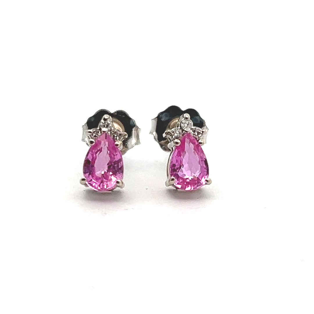 14K White Gold Pink Sapphire And Diamond Stud Earrings