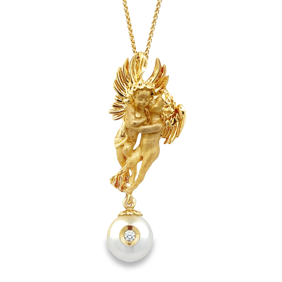 14K Yellow Gold Diamond And Pearl Angel Pendant By Galatea