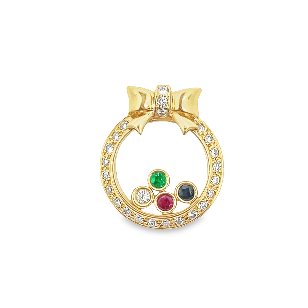 18 Karat Yellow Gold Floating Gemstone Pendant With Diamonds, Ruby, Sapphire, And Emerald Stones.