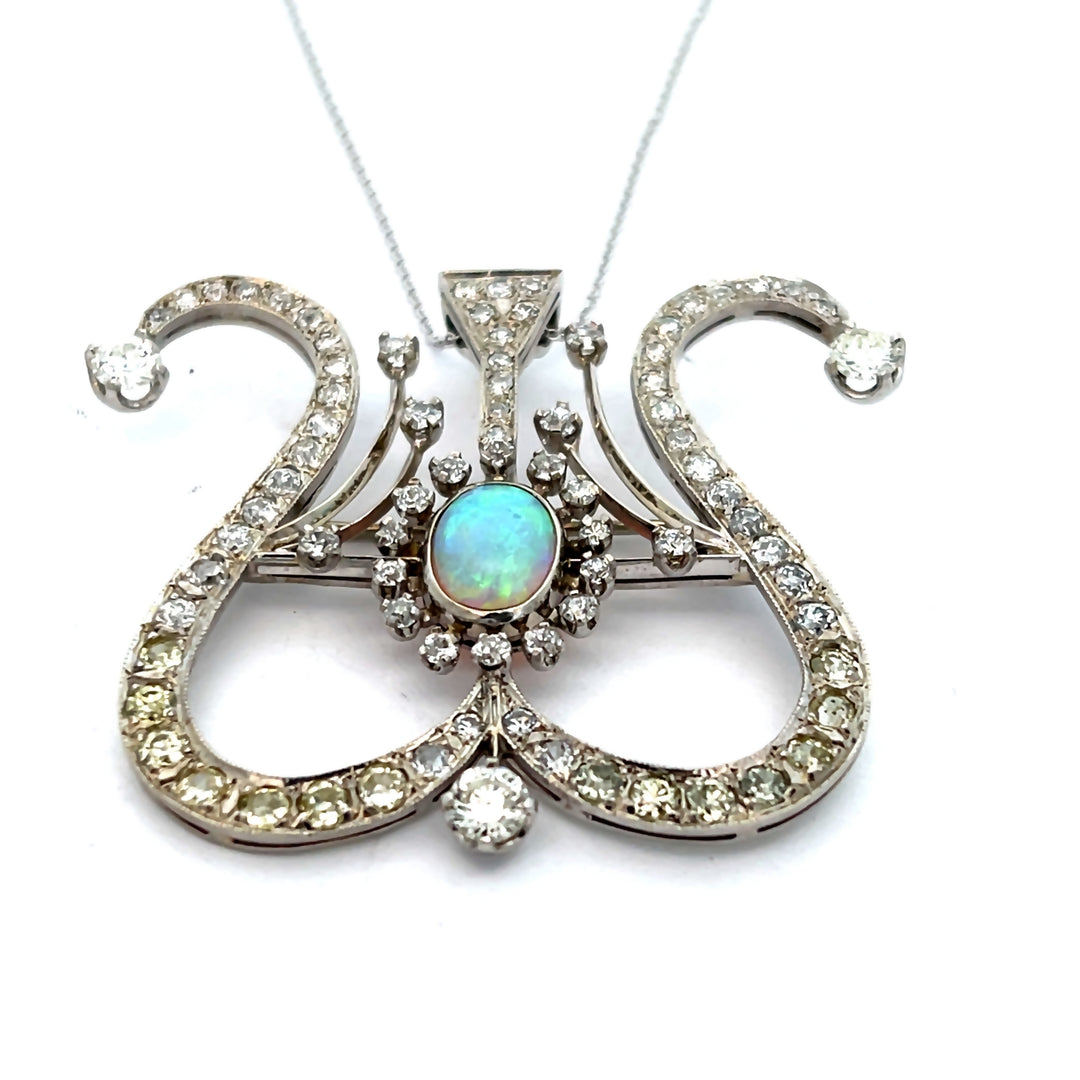 14K White Gold Antique Epoch Opal and Diamond Brooch/Pendant