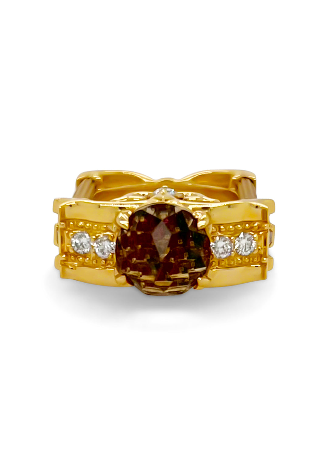 14K Yellow Gold Davinchi Cut White Topaz, Emerald, Ruby, And Diamond Ring By Galatea.